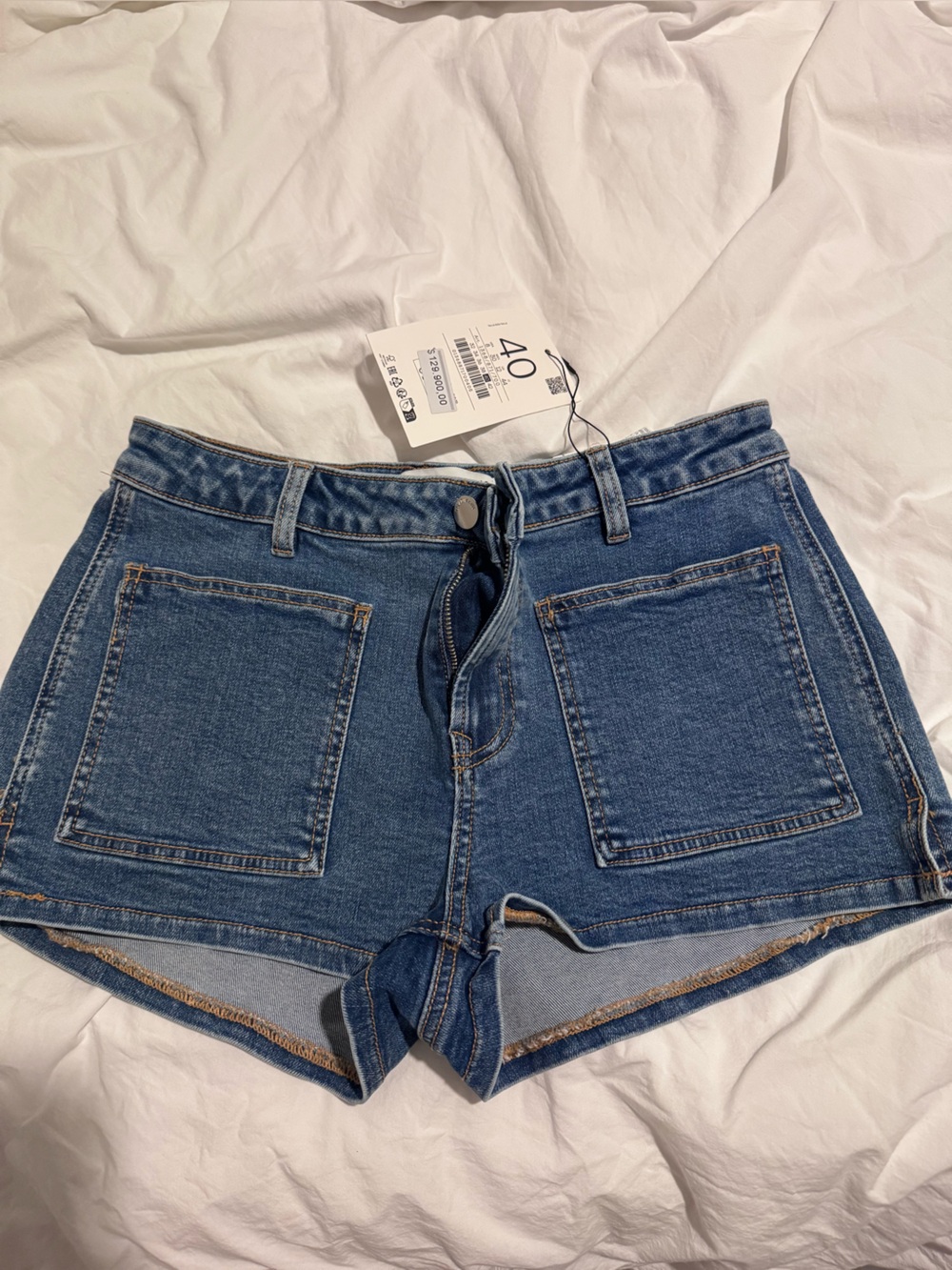 stradivarius Blue High-Rise Denim Shorts with Front Patch Pockets